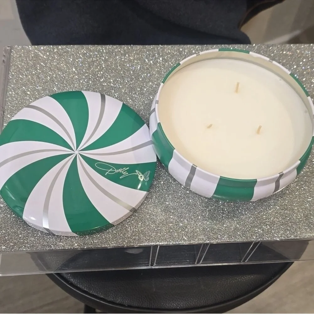 Dolly Parton Green and White Striped Candle Tin NEW